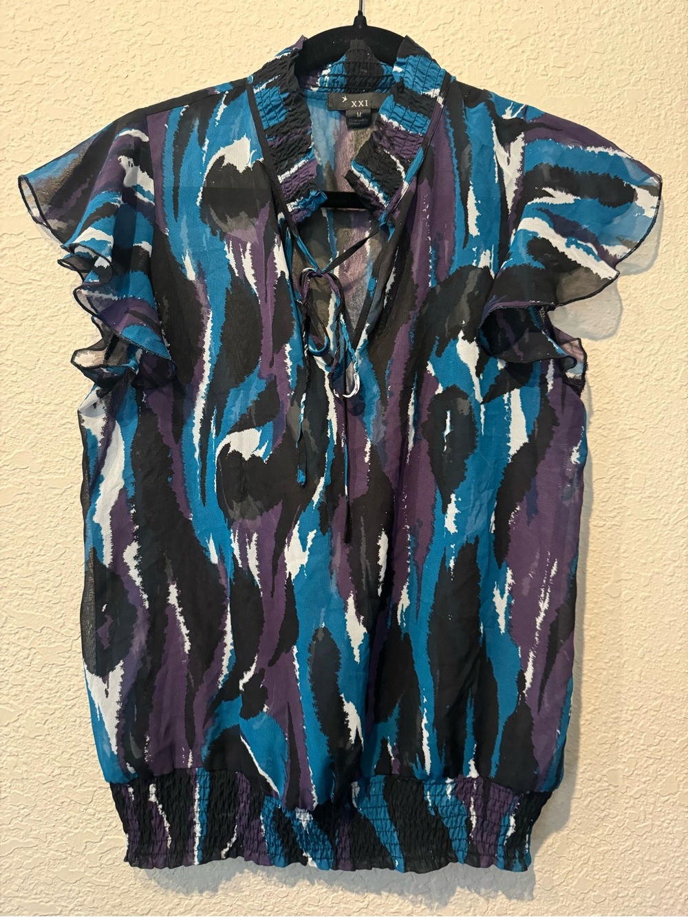 Women’s Y2K Teal, Purple & Black Abstract Ruffle Sleeve sheer Blouse